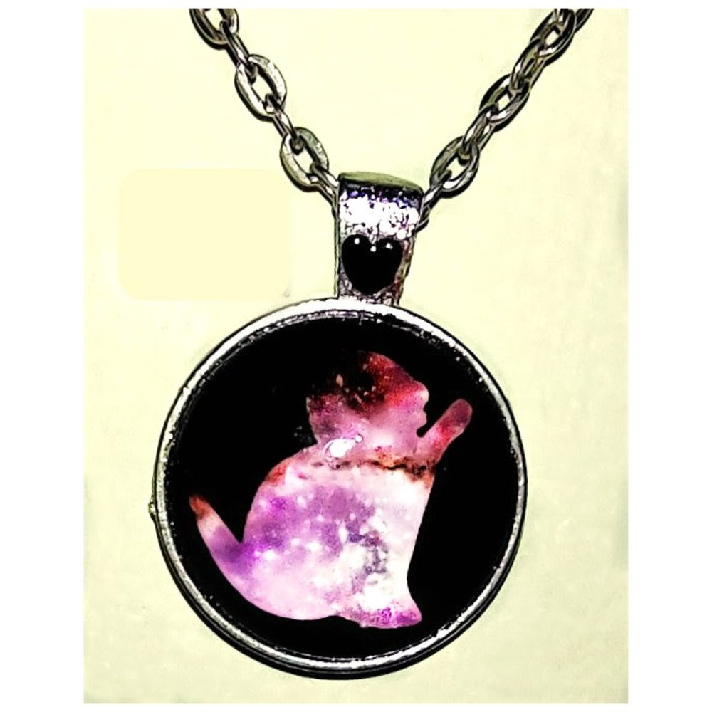 Galaxy Pink Kitty on Black Cabochon Pendant w/ Black Heart